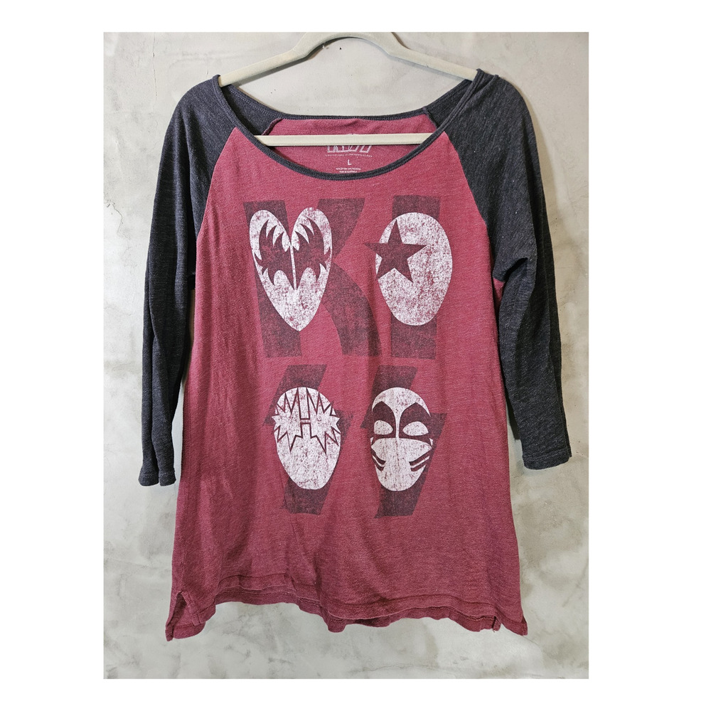 KISS Raglan 3/4 Sleeve Top Shirt Maroon/Gray Size L Rock & Pop Music